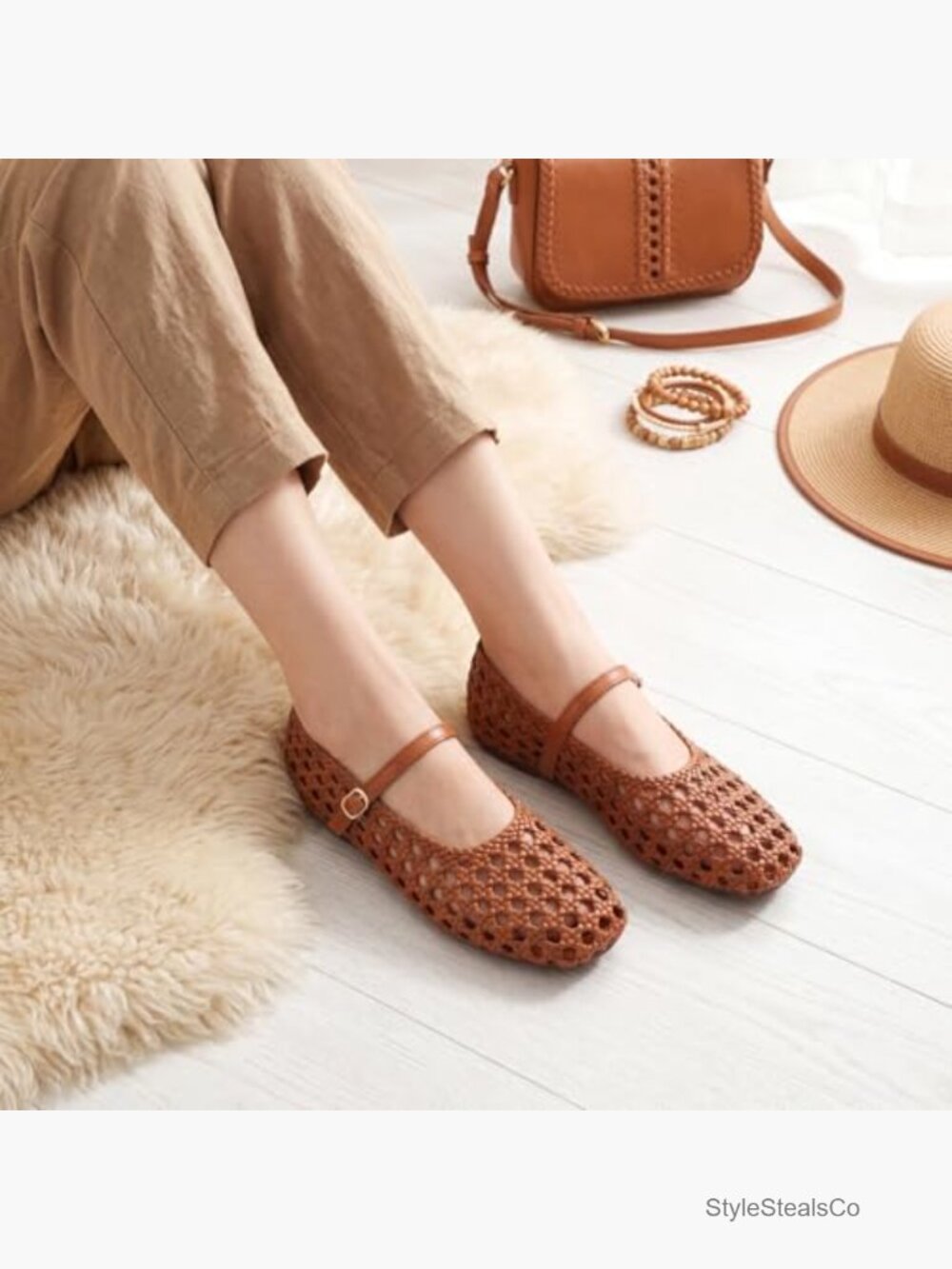 Woven Mary Jane Flats Ballet Mesh Square Toe Buckle Strap Work Flats Comfort - Picture 2 of 7